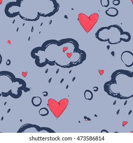 seamless pattern with hand drawn clouds and hearts, vector illustration