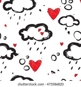 seamless pattern with hand drawn clouds and hearts, vector illustration