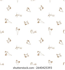 Seamless pattern with hand drawn clove buds in cinnamon brown and yellow tones for kitchen decor and product packaging