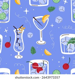Padrão sem costura com coquetéis desenhados à mão, cereja, limão e cubos de gelo. Padrão de coquetel azul pastel com bebidas refrescantes. Fundo de verão vetor com bebidas frescas na moda em copos diferentes.