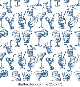 Seamless pattern with hand drawn cocktails glasses. Isolated on white background