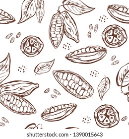 Seamless pattern with hand drawn cocoa pods, beans and leaves.