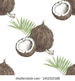 Seamless pattern with hand drawn coconut with half and leaves. Vector illustration