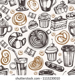 Seamless pattern with hand drawn coffee and bakery