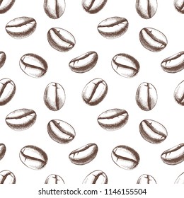 Seamless pattern with hand drawn coffee beans. Vector illustration in retro style