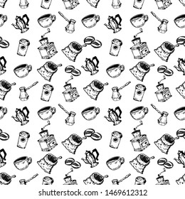 Seamless pattern with hand drawn coffee design elements. For poster, flyer, card, banner. Vector illustration