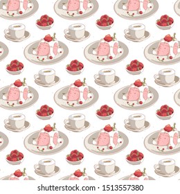 Seamless pattern hand drawn coffee with strawberry cake
