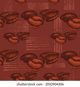 Seamless Pattern with Hand Drawn coffee beans and brush textures. Background with vibrant orange and brown colors. Seamless Pattern for print and web usage.