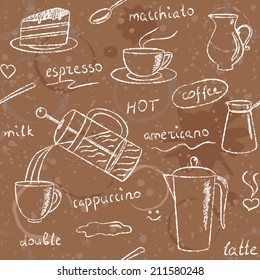 Seamless pattern with hand drawn coffee items on grunge background