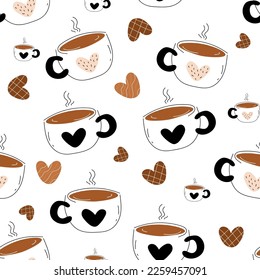 patrón sin fisuras con tazas de café a mano para tela, papel de pared, papel de envoltura, tarjetas y fondo. Café matutino, ilustración del doodle vector. 