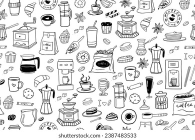 Seamless pattern of hand drawn coffee theme elements in doodle style. Coffee time. Coffee machine. Candy. Vector illustration EPS10. Isolated on white background