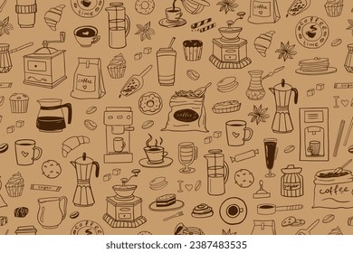 Seamless pattern of hand drawn coffee theme elements in doodle style. Coffee time. Coffee machine. Candy. Vector illustration EPS10. Isolated on beige background