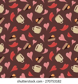 Seamless pattern with hand drawn coffee and cake