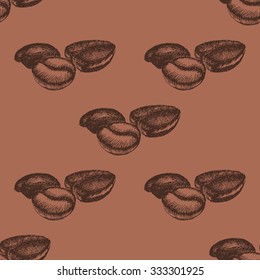 Seamless Pattern with Hand Drawn Coffee Beans Placed on Brown Background