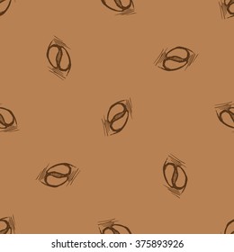 Seamless pattern hand drawn coffee beans on brown background. Vector stock illustration