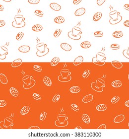 Seamless pattern with hand drawn coffee cup and different cookies. Stripes with inverse colors.