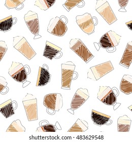 Seamless pattern with hand drawn coffee sketches.
