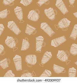 Seamless pattern with hand drawn coffee sketches.