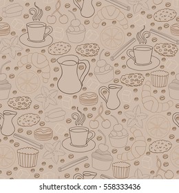 Seamless pattern of hand drawn coffee and cookie elements