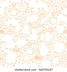Seamless pattern of hand drawn coffee and cookie elements