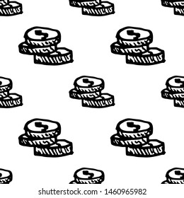 Seamless pattern Hand Drawn coins doodle. Sketch style icon. Decoration element. Isolated on white background. Flat design. Vector illustration.