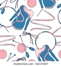 Seamless pattern with hand drawn collection of sports equipment. Set of colorful objects. illustration with sport icons vector. Decorative elements of rhythmic gymnastics