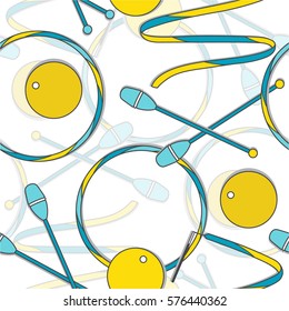 Seamless pattern with hand drawn collection of sports equipment. Set of colorful objects. illustration with sport icons vector. Decorative elements of rhythmic gymnastics