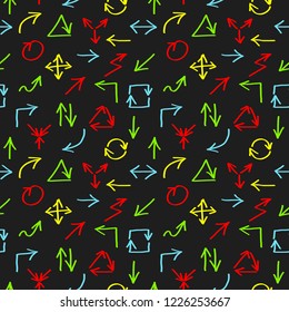 Seamless pattern with hand drawn color arrows on black background. Vector illustration.