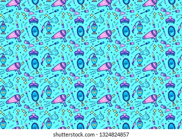 seamless pattern hand drawn color cosmetic set: hair dryer, mirror, nail polish, perfume, hairbrush, lipstick, brush, mascara