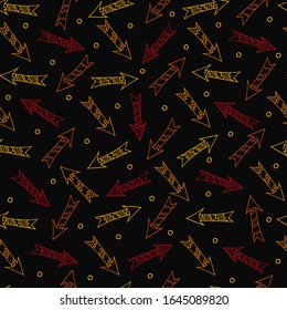 Seamless pattern of hand drawn color arrows in different directions.Outline drawing in cartoon style on a black background.Template for business projects, infographics, packaging paper.