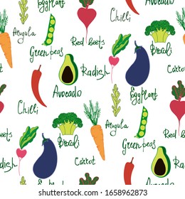 Seamless pattern of hand drawn color vegetables.Hand drawn lettering.Vector illustration