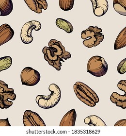 Seamless pattern. Hand drawn color illustration set of pecan, almond, walnut, hazelnut, pistachio, cashew nuts. Health products.  Handwritten graphic technique.