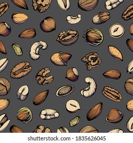 Patrón sin foco. Conjunto de ilustraciones a color dibujado a mano de pecan, almendras, nueces, avellanas, pistachos, anacardos. Productos sanitarios.  Técnica gráfica manuscrita.