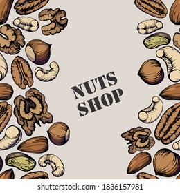 Seamless pattern. Hand drawn color illustration set of pecan, almond, walnut, hazelnut, pistachio, cashew nuts. Health products. Nuts shop. Handwritten graphic technique.