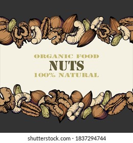 Seamless pattern. Hand drawn color illustration set of pecan, almond, walnut, hazelnut, pistachio, cashew nuts. Health products. Nuts shop. Handwritten graphic technique.