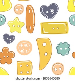 Seamless pattern of hand drawn color buttons. Cute and fun flat illustration on white background.