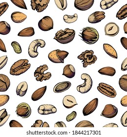 Seamless pattern. Hand drawn color illustration set of pecan, almond, walnut, hazelnut, pistachio, cashew nuts. Health products.  Handwritten graphic technique.