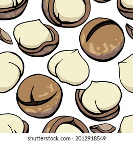 Seamless pattern. Hand drawn color illustration of a 
macadamia nuts in shell and peeled nuts. 
Handwritten graphic technique