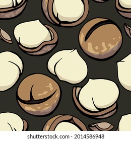 Patrón sin foco. Ilustración de color dibujada a mano de una 
nueces de macadamia con cáscara y nueces peladas. 
Técnica gráfica manuscrita