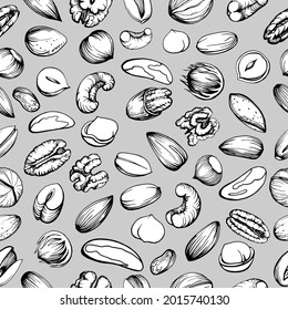 Seamless pattern. Hand drawn color illustration set of pecan, almond, walnut, hazelnut, peanut, brazil nut, macadamia, pistachio, cashew nuts. Health products.  Handwritten graphic technique.