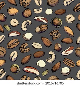Seamless pattern. Hand drawn color illustration set of pecan, almond, walnut, hazelnut, peanut, brazil nut, macadamia, pistachio, cashew nuts. Health products.  Handwritten graphic technique.