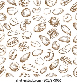 Seamless pattern. Hand drawn color illustration set of pecan, almond, walnut, hazelnut, peanut, brazil nut, macadamia, pistachio, cashew nuts. Health products.  Handwritten graphic technique.