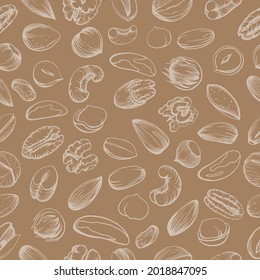 Seamless pattern. Hand drawn color illustration set of pecan, almond, walnut, hazelnut, peanut, brazil nut, macadamia, pistachio, cashew nuts. Health products.  Handwritten graphic technique.