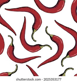 Seamless pattern. Hand drawn color illustration of a red crushed hot chili peppers and sliced chili isolated on white background, healthy turkish spice. Handwritten graphic technique