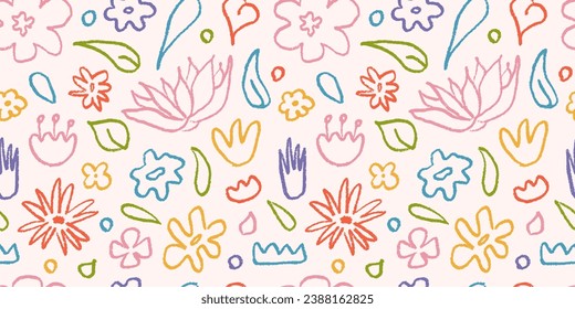 Seamless pattern hand drawn in color brush linear flowers. Abstract modern background with plants