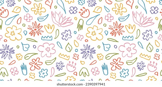 Seamless pattern hand drawn in color brush linear flowers. Abstract modern background with plants