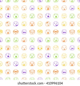 Seamless pattern of hand drawn color lines smiles. Vector elements for emotion, internet web icons.