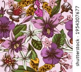Seamless pattern with hand drawn colored laelia, feijoa flowers, glory bush, papilio torquatus, cinchona, cattleya aclandiae
