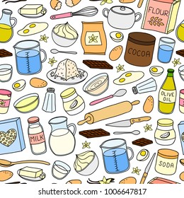 Seamless pattern with hand drawn colored cooking, baking ingredients.
