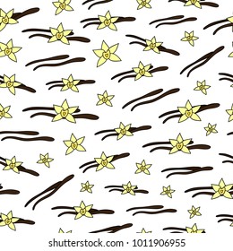 Seamless pattern with hand drawn colored vanilla sticks, flowers.